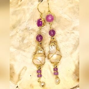 Natural Lavender Jade In Long Gold Plated Earrings W/ Wired  Large Baroque Pearl